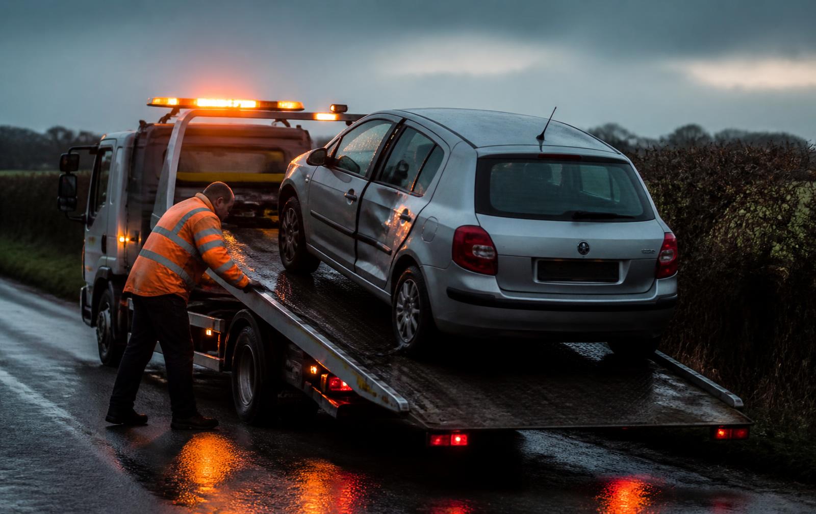 Black flatbed tow truck loading a car on a Bedfordshire country road at dusk